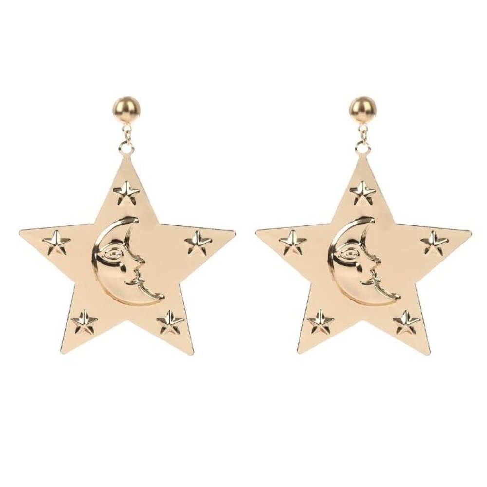Gold man in the moon drop star statement earrings